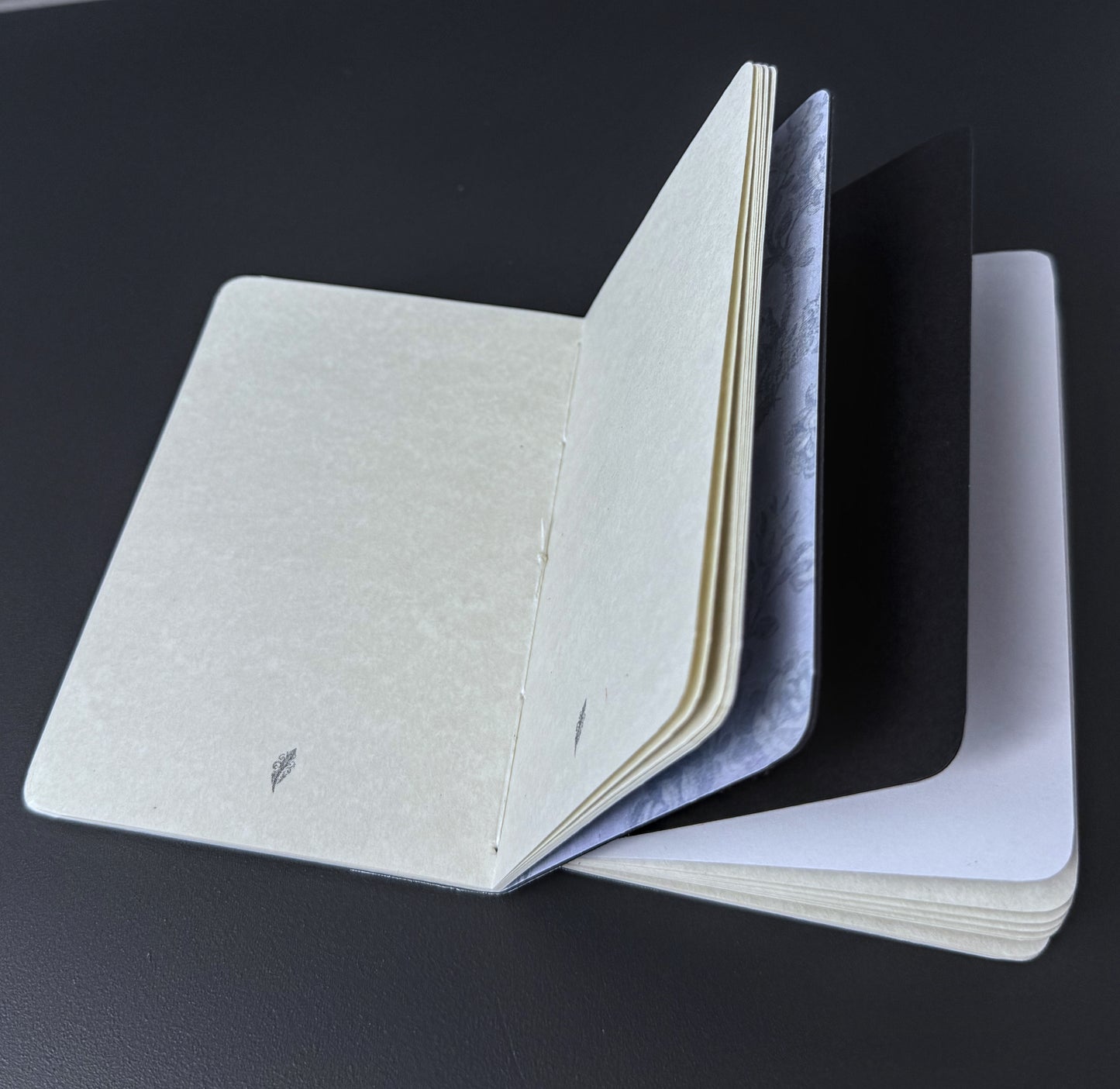 A stack of pocket notebooks or booklets fanned open on a dark surface, showing off-white covers with black and blue-gray inner pages.