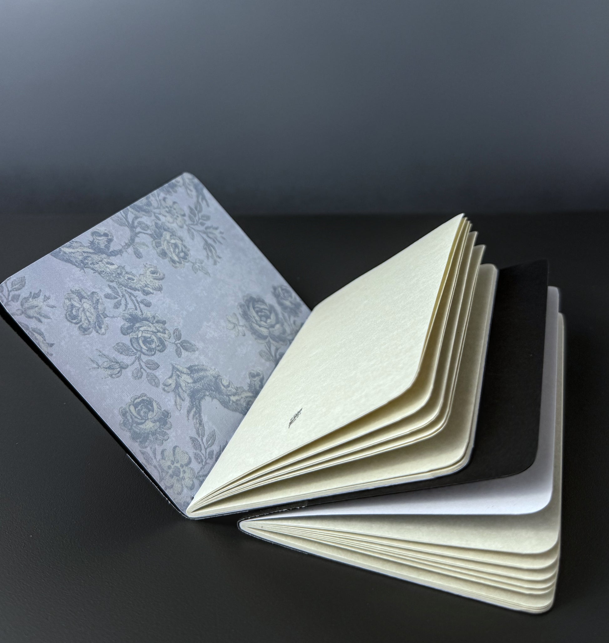 An open notebook or journal with a floral-patterned light blue cover, fanned out to show cream-colored pages layered over black and white sheets, set against a dark gray background.